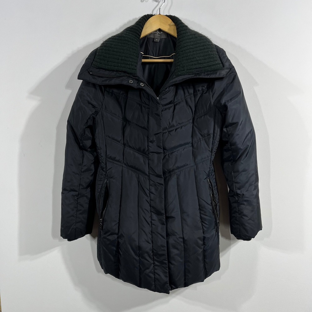 Cole Haan Down Puffer Coat Ribbed Knit Collar Quilt Womens Medium Winter Classic